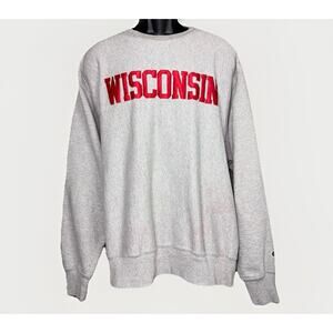 VTG Champion Reverse Weave Y2K Gray XL Red Applique Wisconsin Badgers Sweatshirt